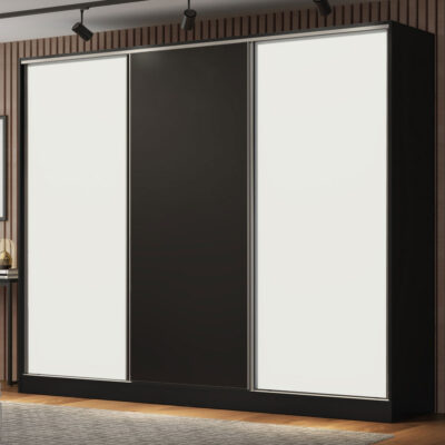 Guarda-Roupa Casal 100% MDF Madesa Royale 3 Portas de Correr Preto/Branco/Preto