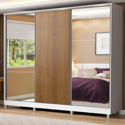 Guarda-Roupa Casal 100% MDF Madesa Royale 3 Portas de Correr com Espelhos com Pés Branco/Rustic