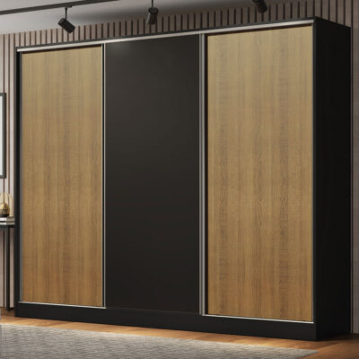 Guarda-Roupa Casal 100% MDF Madesa Royale 3 Portas de Correr Preto/Rustic/Preto