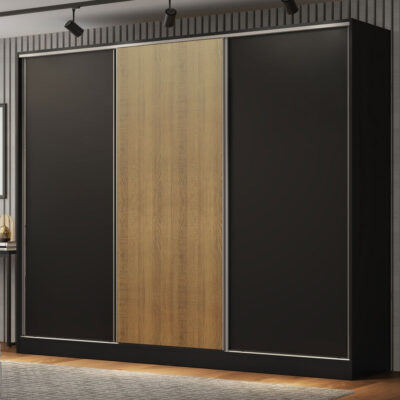 Guarda-Roupa Casal 100% MDF Madesa Royale 3 Portas de Correr Preto/Preto/Rustic