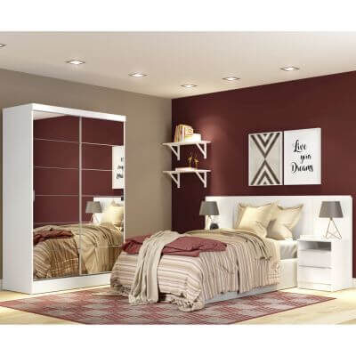 Quarto Completo com Guarda-Roupa Luke 2 Portas de Espelho e Cabeceira com 2 Mesas de Cabeceira Madesa Branco