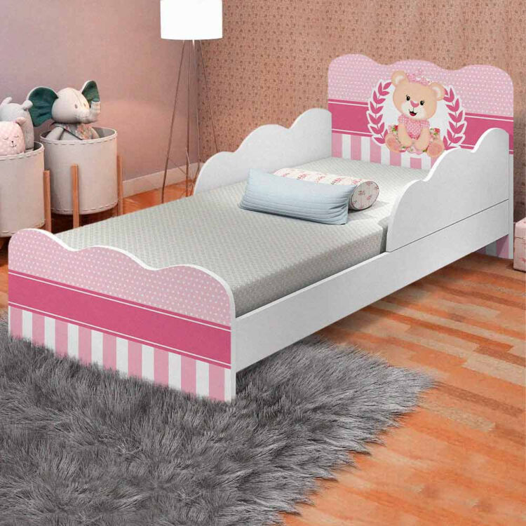 Cama De Criança Com Proteção Lateral Urso Rosa Nuvem Valen