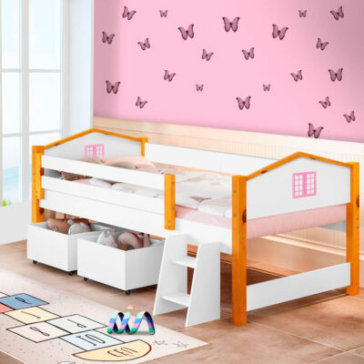 Cama Solteiro De Criança Com Escadinha Branco Rosa Elza Divaloto