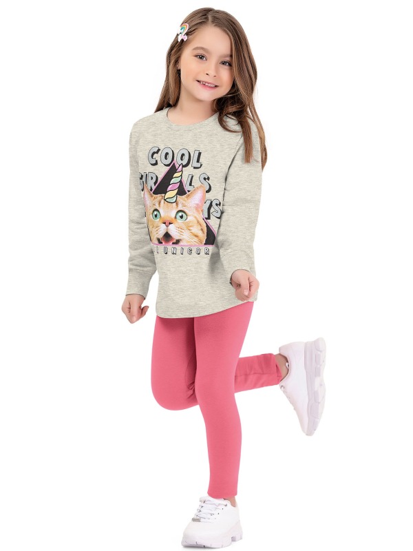 Conjunto Infantil Menina em Casaco Moletom peluciado e Legging Cotton Gato Unicórnio  2 peças Tam 4 a 14 - Fakini Forfun - 6