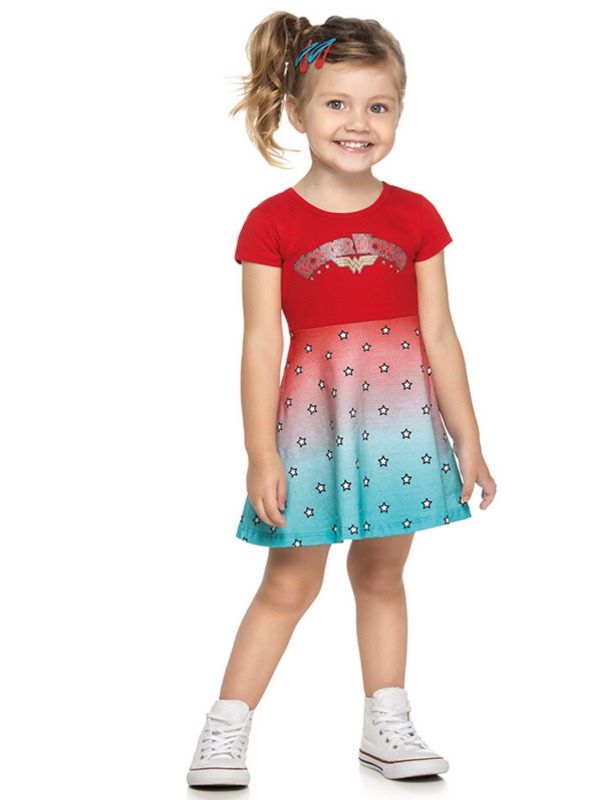 Vestido Infantil Verão Mulher Maravilha, Vermelho, Produto Licenciado - Romitex - 2