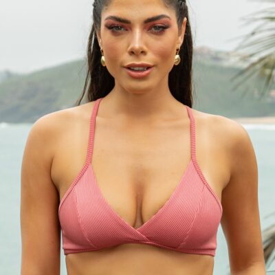Biquini top sem bojo modelo triângulo beach transpassado rosé