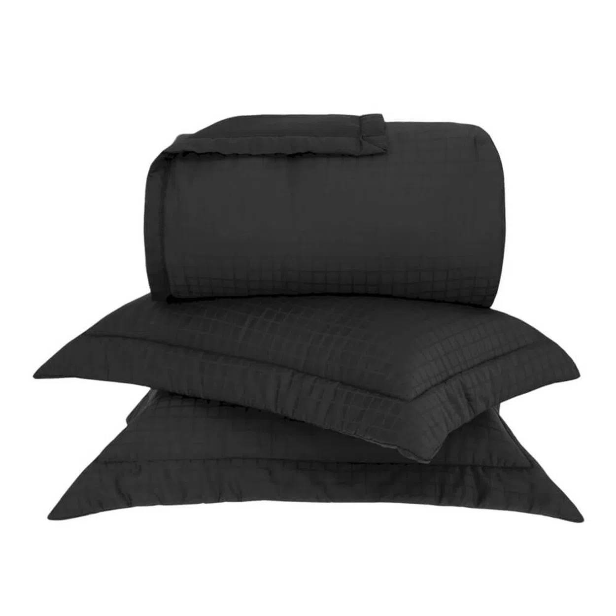 Kit Colcha Queen Buddemeyer Damask Square 100% Algodão Cetim 300 Fios (3 Peças) - Cinza Carvão