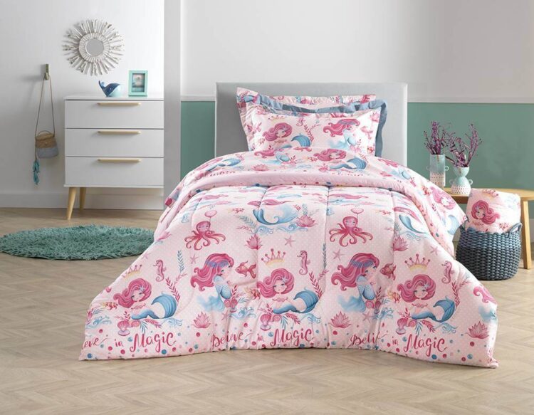 Kit Colcha Solteiro Infantil Karsten Magia do Mar Dupla Face 100% Algodão Percal 180 Fios (2 Peças)