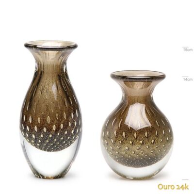 Par de Vasos Mini Tela Fumê com Ouro Murano Cristais Cadoro