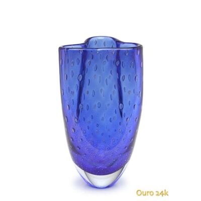 Vasinho Trevo 2 Tela Azul com Ouro Murano Cristais Cadoro