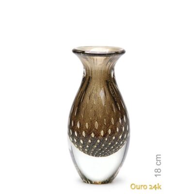 Vaso Mini Alto Tela Fumê com Ouro Murano Cristais Cadoro