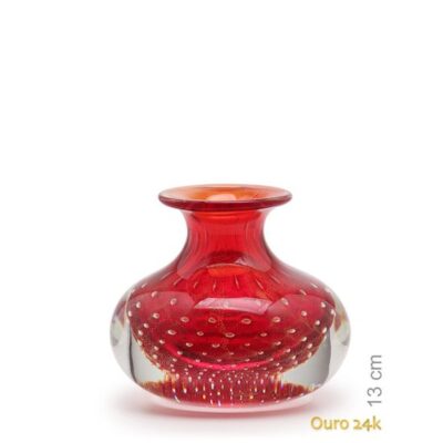 Vaso Mini Baixo Tela Vermelho com Ouro Murano Cristais Cadoro