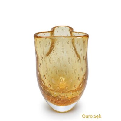 Vasinho Trevo 2 Tela Âmbar com Ouro Murano Cristais Cadoro