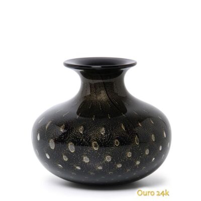 Vaso Pérola Achatado Tela Preto com Ouro Murano Cristais Cadoro