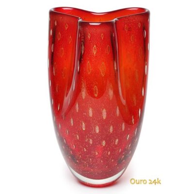 Vaso Trevo 2 Tela Vermelho com Ouro Murano Cristais Cadoro