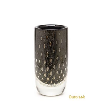 Vaso Cilíndrico 2 Tela Preto com Ouro Murano Cristais Cadoro