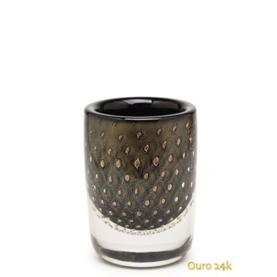 Vaso Cilíndrico 3 Tela Preto com Ouro Murano Cristais Cadoro