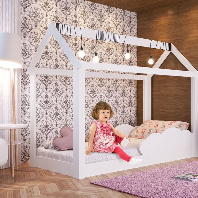 Cama Montessoriano Infantil com Nuvem Branco Completa Móveis