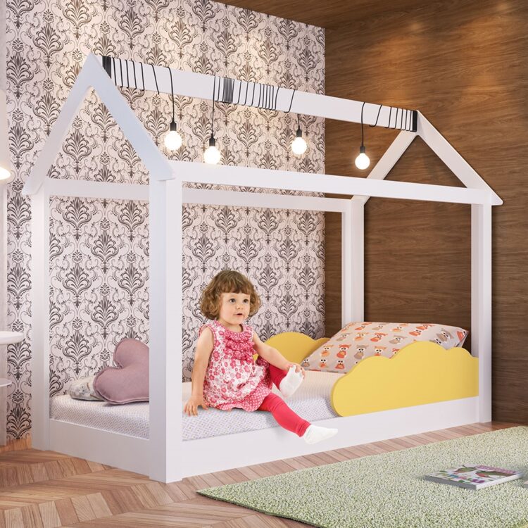 Cama Montessoriano Infantil com Nuvem Branco/Amarelo Completa Móveis