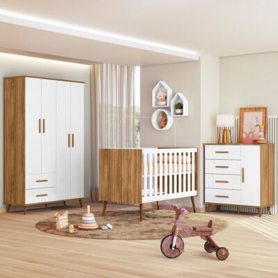 Quarto de Bebê Completo com Guarda-Roupa e Cômoda e Berço Retrô Noah Nature/Branco Peternella