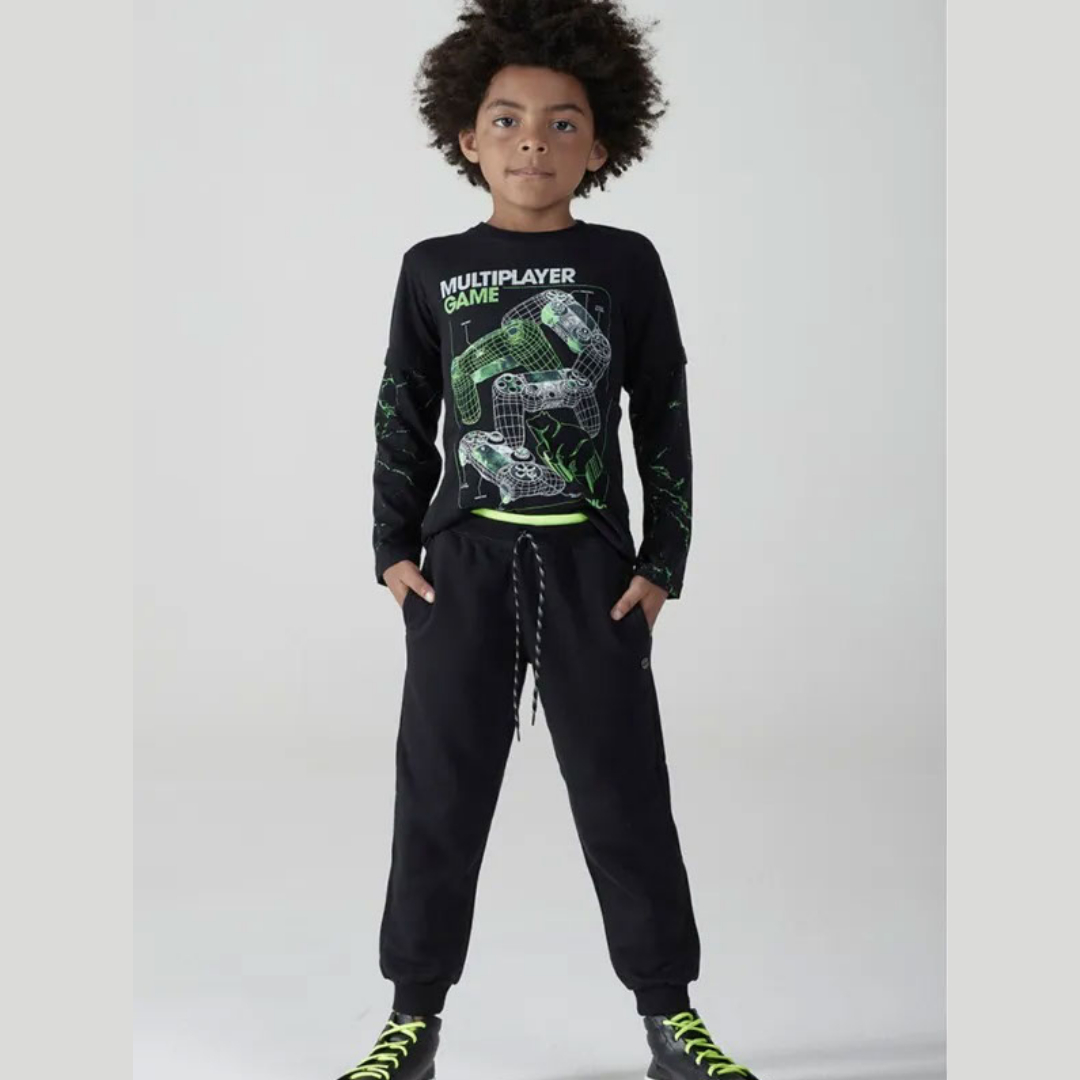 Calça Em Moletom Peluciado Com Detalhe no Cós em Neon Preto Tam 1 a 10 - Biogás - 4 - Preto