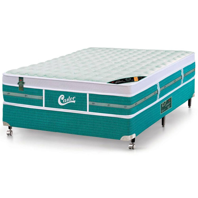 Cama Box + Colchão Castor Queen Vegano Gold Star Green 158 X 198 X 72