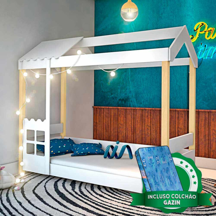 Cama Infantil Solteiro Casa Montessoriana Com LED Branco Livia Com Colchão Gazin