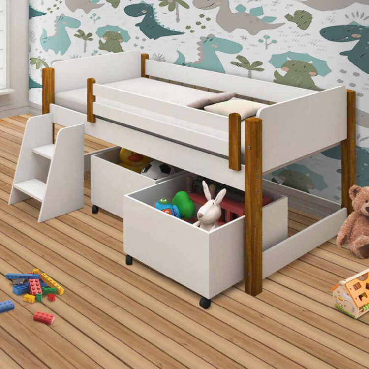 Cama Infantil Alta Mary com Nichos para Brinquedos