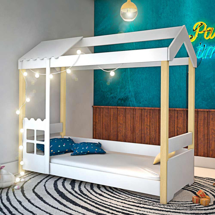 Cama Infantil Casa Montessoriana Com LED Branco Livia