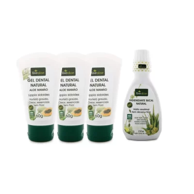 Kit de Tratamento Bucal de Aloe Vera com 3 Géis Dentais 60g mais Enxaguante Bucal Livealoe 250ml