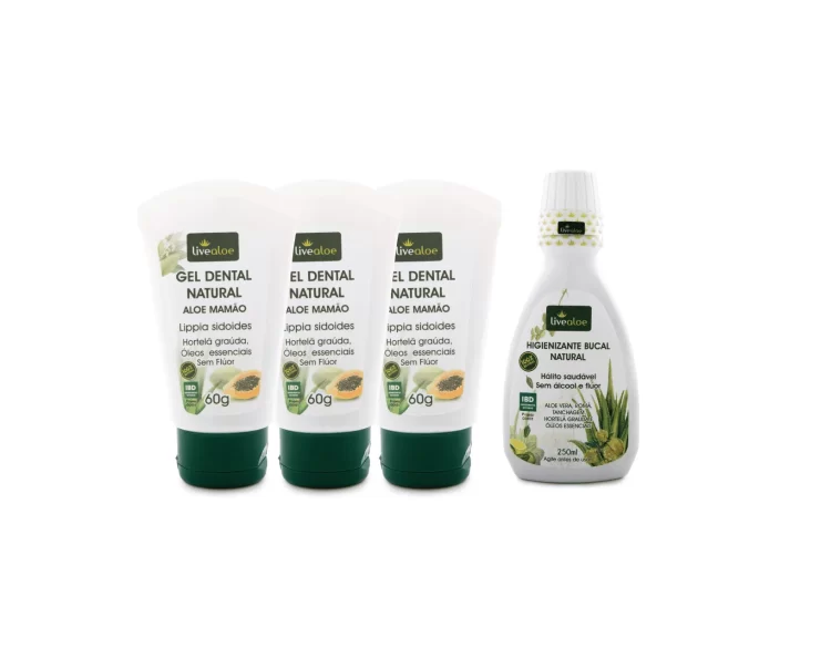 Kit de Tratamento Bucal de Aloe Vera com 3 Géis Dentais 60g mais Enxaguante Bucal Livealoe 250ml