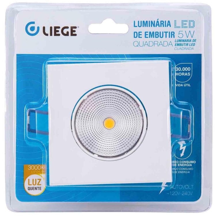 Luminária de Embutir Quadrada 65Im 3000K 5W 240V Liege