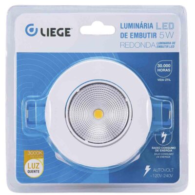 Luminária Led Redonda de Embutir 325Lm 5W 3000K Liege