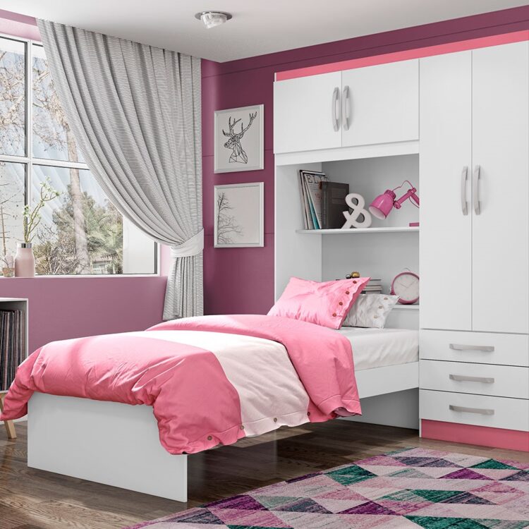 Guarda-Roupa 04 Portas 03 Gavetas com Cama de Solteiro Lisboa Branco/Pink MX Móveis