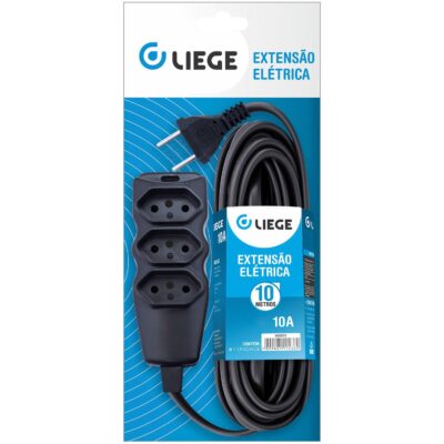 Extensão Elétrica Cabo Paralelo Preto 2P 10A 10M Bivolt Liege