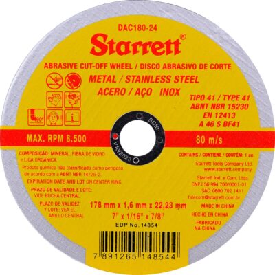 Disco Abrasivo de Corte Fino para Aço Inox 7" 1,6Mm Starrett