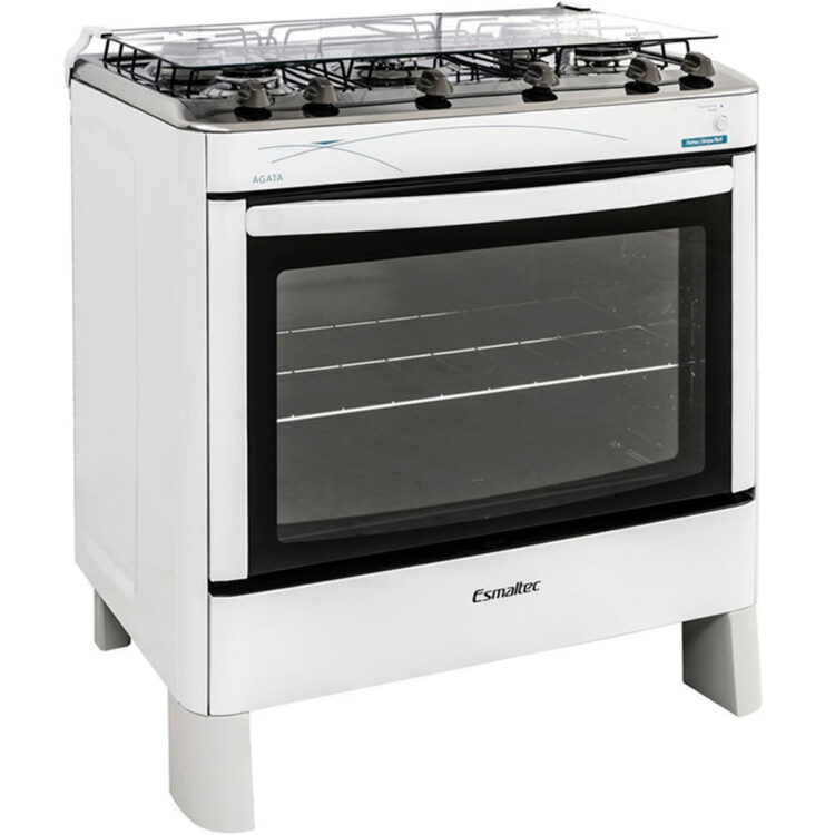 Fogão Esmaltec 5 Bocas Ágata Automático Mesa De Inox Forno Com 95L - Bivolt - Branco