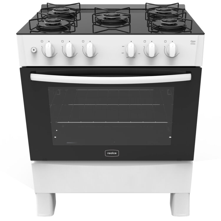 Fogão Realce Ares Glass 5 Bocas Automático Mesa De Vidro  Forno 94L - Branco - Bivolt